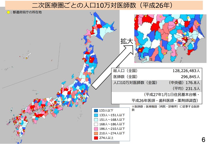 二次医療圏ごとの人口10万人対医師数